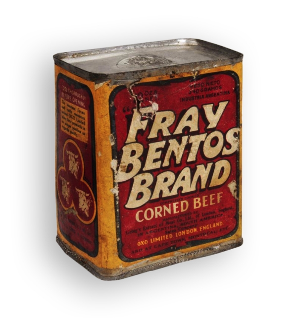 Puszka po peklowanej wołowinie marki Fray Bentos z Urugwaju, lata 30. – 40. XX w.