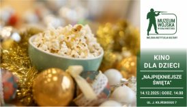 Na banerze miska popcornu w otoczeniu ozdób świątecznych