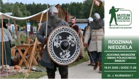 Na banerze wiking w hełmie, z tarczą i mieczem