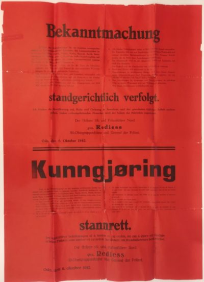 Plakat będący ogłoszeniem cywilnego stanu wyjątkowego w części środkowej Norwegii, 1942 r.
